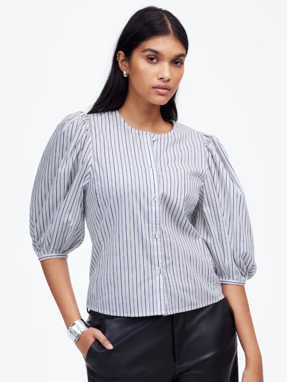 Madewell Puff-Sleeve Button Up Top in Stripe NWT